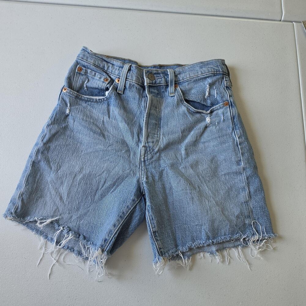 Levi's 501 Cutoff Denim Bermuda Shorts Women 25 Blue Distressed Frayed 8" Inseam